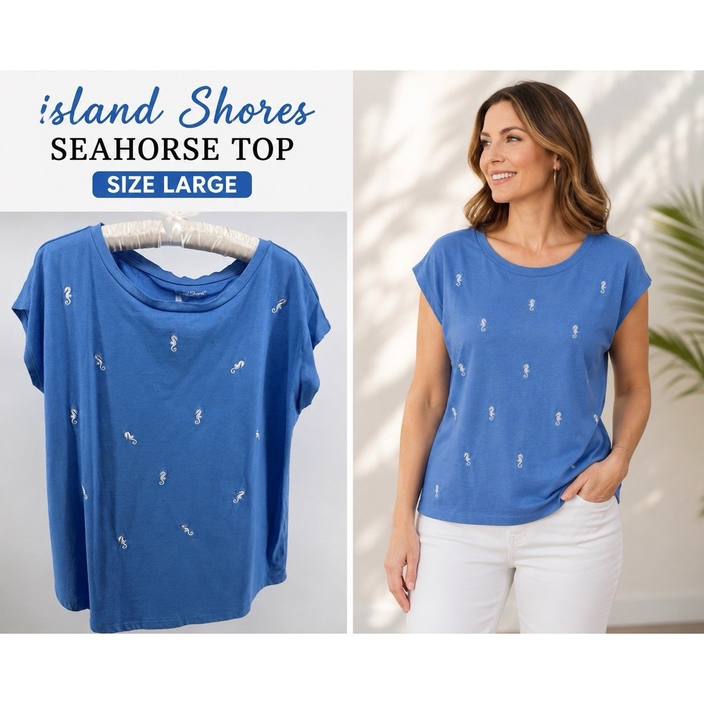 Island Shores Seahorse Embroidered Blue Tee Womens Lg Coastal Nautical Beach Top